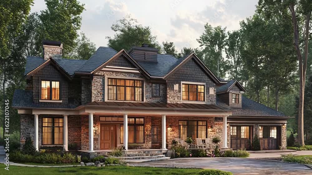 Luxurious stone and siding suburban home at dusk with illuminated windows Luxurious stone and siding suburban home at dusk with illuminated windows