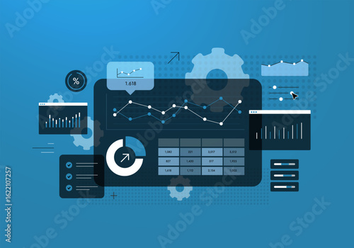 Marketing performance dashboard with conversion metrics, engagement charts and automated reporting. Marketing performance dashboard for digital ad campaign optimization and growth vector illustration