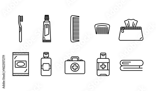 Essential personal hygiene and toiletry icons including toothbrush, toothpaste, comb, tissues, and sanitizer