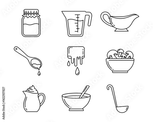 Cooking and kitchen ingredient icon set with jar, measuring cup, gravy boat, honey, mushrooms, whipped cream, soup bowl, and ladle