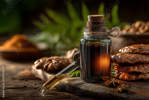 Front view of an bottle displayed on transparent podiums with lingzhi mushrooms on brown background. Minimal scene for advertising,