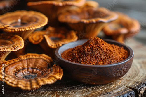 Reishi Mushroom (Lingzhi) powder in wooden bowl.