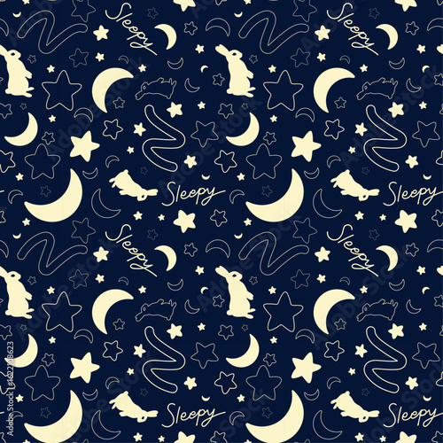 Rabbit, Moon and star illustration pattern. Cute pattern. moon, star at midnight on a dark blue background. goodnight and sleepy pattern backdrop vector. Print on textile. Wrapping paper