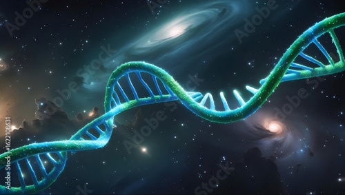 Glowing DNA strand in cosmic space background