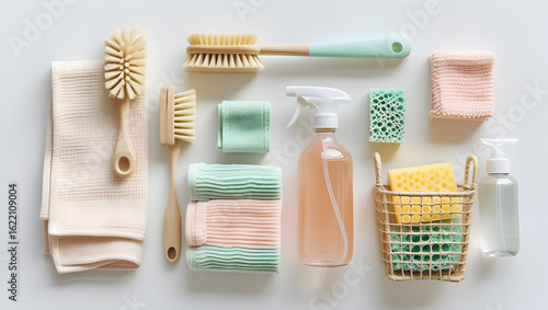 Eco friendly spring cleaning supplies flat lay