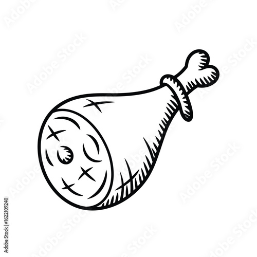 Hand drawn ham hock illustration in black and white style