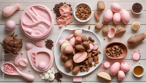 Pastel pink and brown food ingredients flat lay