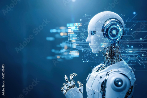 Futuristic robot with sleek design and digital interface, showcasing advanced technology and artificial intelligence. robot head features glowing