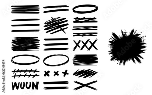 Round stroke lines, strokes, marker lines, paint brush, cross. Isolated Hand-drawn grunge collection. Brushstroke, underline, marker highlighter. Vector