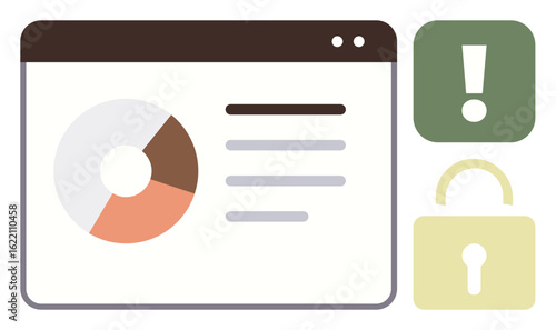 Browser window displaying pie chart and text lines paired with alert and padlock elements. Ideal for analytics, reports, data, security, risk, communication, and compliance. Simple flat metaphor