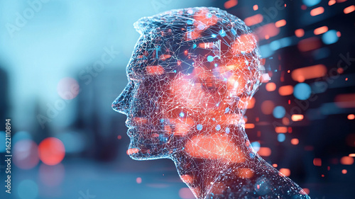 Digital human silhouette with vibrant holographic elements, representing AI and technology integration in modern life