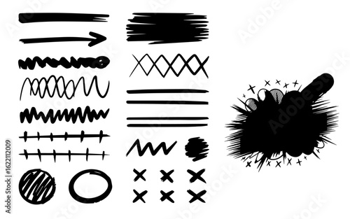 Brushstrokes with spray splashes, underline. Vector stencil lines, diverse brush strokes set. Hand drawn paint lines. Vector graphic set