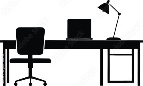 minimalist office desk with chair silhouette vector illustration