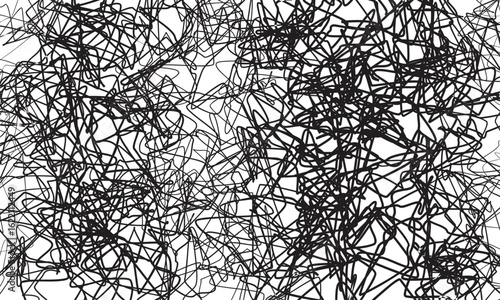 Abstract chaotic scribble lines – black and white messy hand-drawn tangled line pattern,.