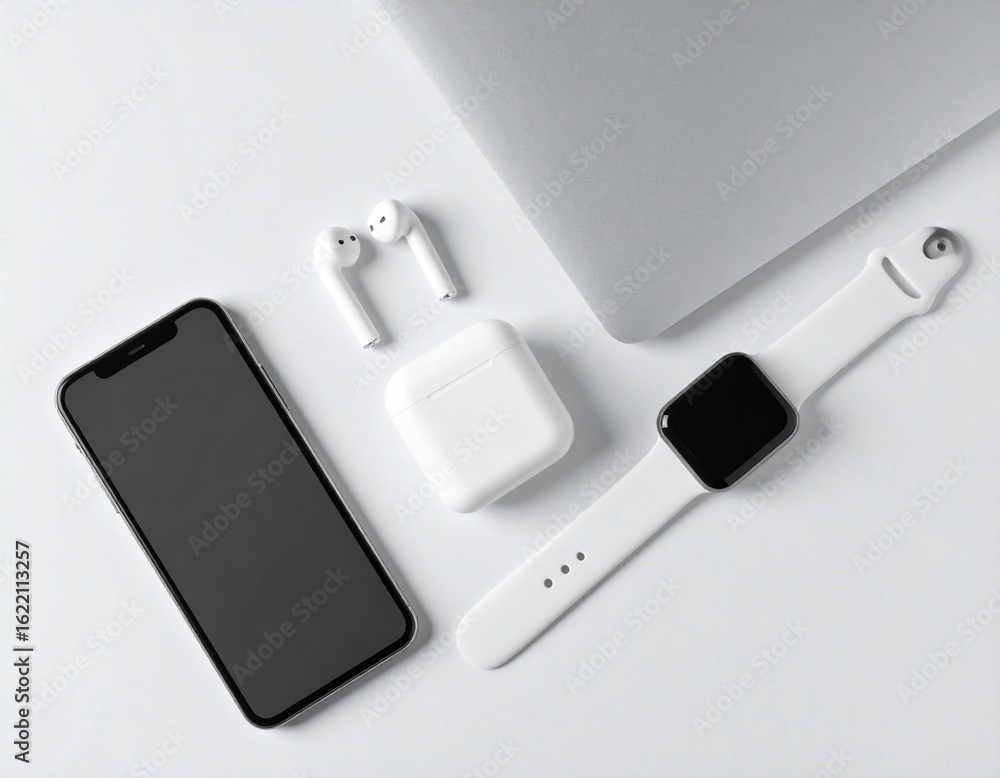 Fototapeta premium Modern Tech – Flat Lay of White Minimalist Smart Devices
