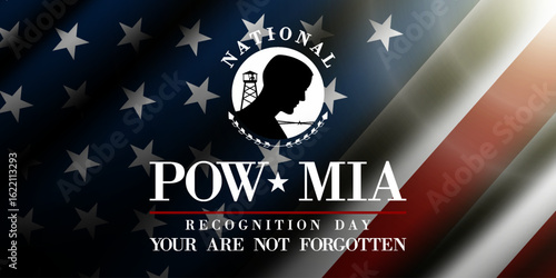 September is POW MIA Recognition Day. People, american flag and light. Suitable for posters, banners and social media. Black background.
