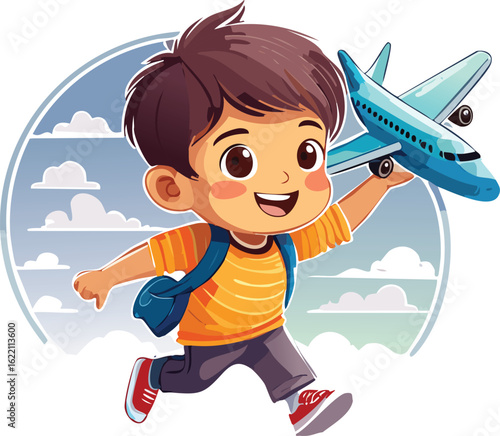 A happy cartoon boy with a backpack runs while playing with a toy airplane outdoors.