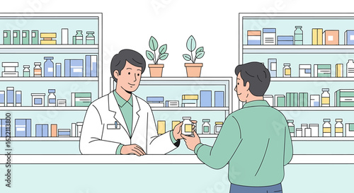 Vector illustration of a friendly pharmacist serving a customer in a modern pharmacy. A man buying prescription medicine at a drugstore.