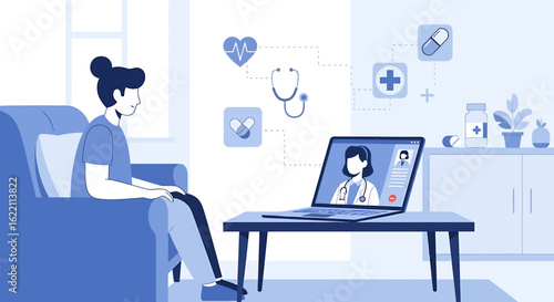 Vector illustration of a woman consulting with a female doctor online via video call on a laptop. Telehealth and modern medical services concept.