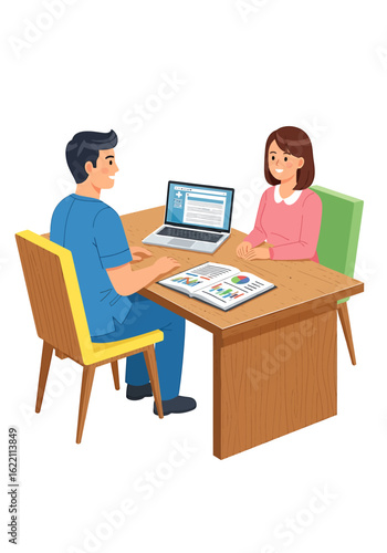 Male doctor in scrubs consulting with a female patient at a clinic desk. Healthcare professional discussing results on a laptop. Vector asset illustration.