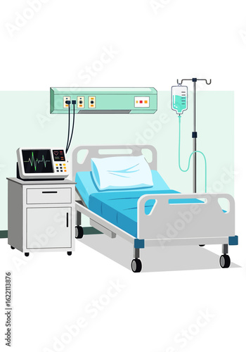 A vector illustration of a modern hospital patient room with an empty bed, bedside monitor, and intravenous drip.