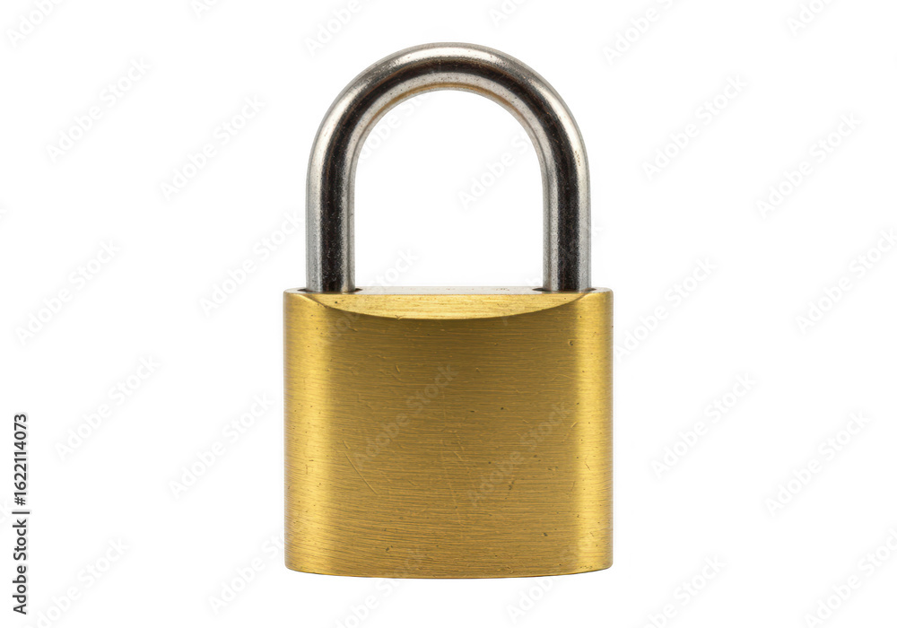 A closeup studio shot of a shiny brass padlock with a silver shackle symbolizing security and protection against a transparent background A closeup studio shot of a shiny brass padlock with a silver shackle symbolizing security and protection against a transparent background