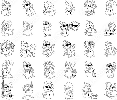 Funny summer snowman illustrations for kids featuring beach, sun, vacation, melting snow, and tropical holiday cartoon scenes