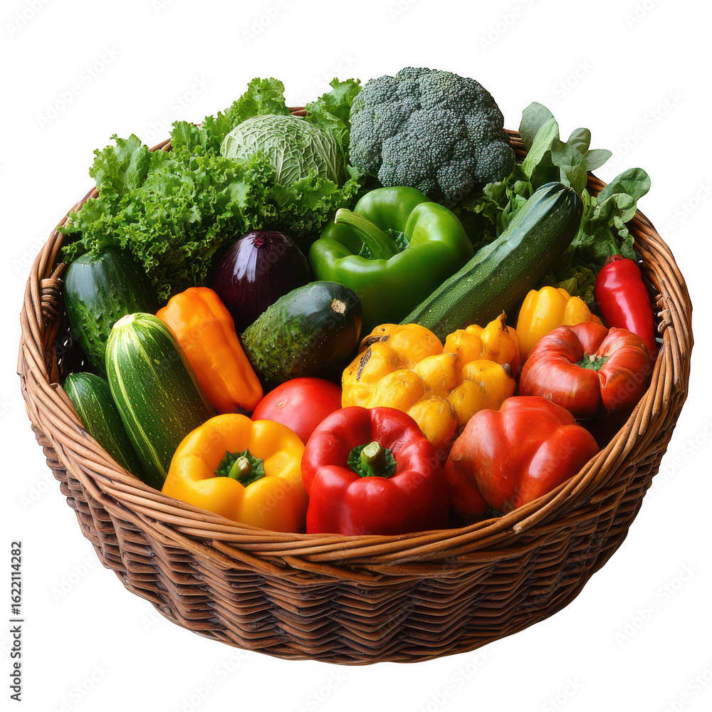 A bountiful woven basket overflowing with fresh ripe colorful organic vegetables isolated on transparent background A bountiful woven basket overflowing with fresh ripe colorful organic vegetables isolated on transparent background