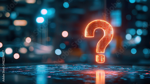 Glowing question mark symbolizing inquiry and curiosity in digital environment with blurred city lights in background