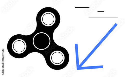 Black fidget spinner beside a bold blue downward arrow with dynamic lines, suggesting movement, focus, trend decline, or productivity concepts. Ideal for analysis, business, marketing, gaming