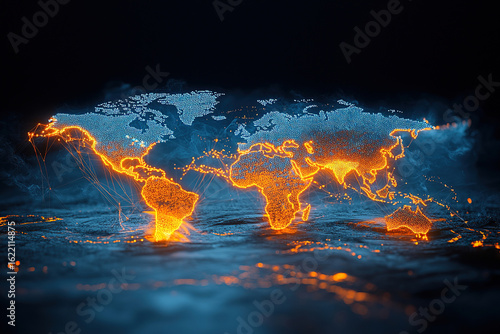 Digital world map illuminated with glowing orange lines, representing global connections and data flow, set against dark background