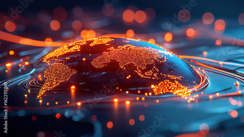Vibrant globe illuminated with glowing orange dots represents global connections and data flow, set against dark, fluid background