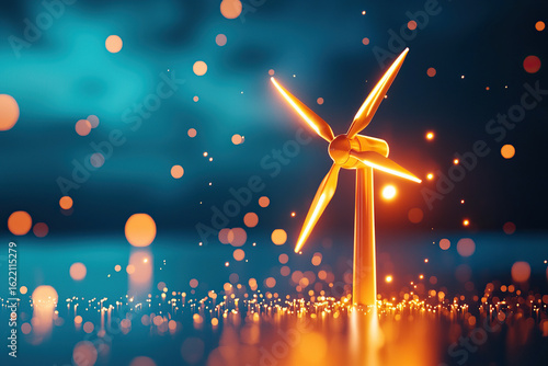 Vibrant wind turbine stands against dreamy backdrop, symbolizing clean energy and innovation, surrounded by glowing particles