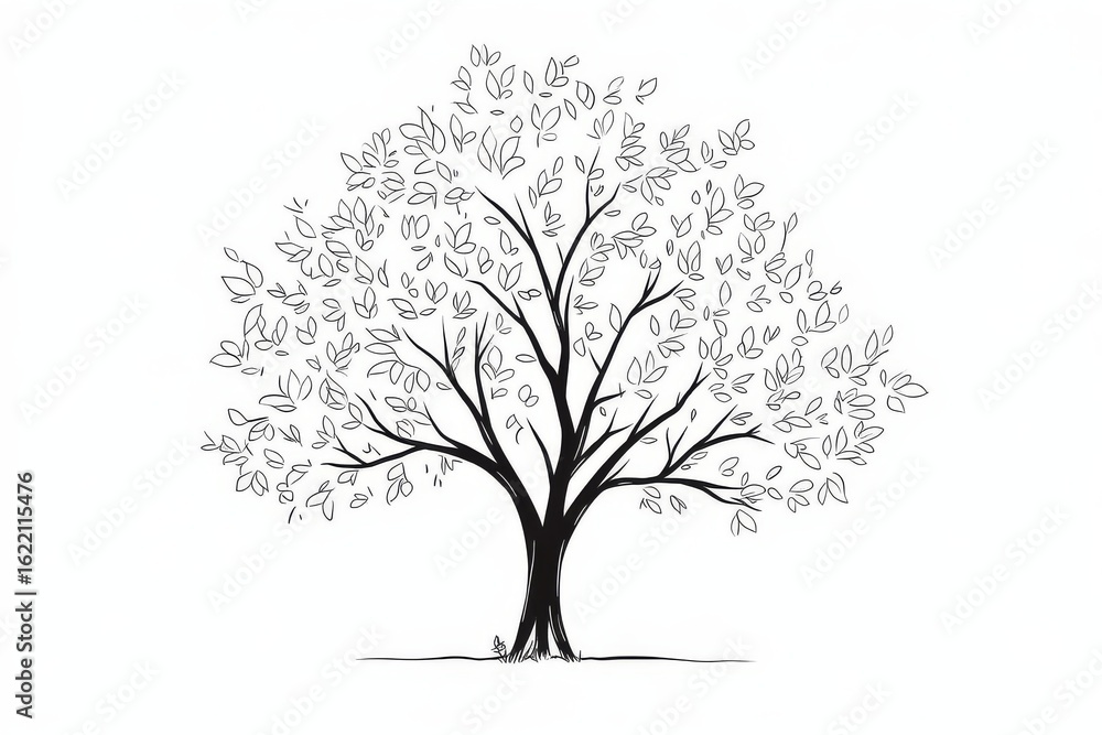 Obraz premium Simple bold line art oak tree clipart, clear black ink vector illustration for kids coloring, hand-drawn style with space for text on white background.
