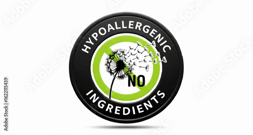 Hypoallergenic No Ingredients label with dandelion on white background