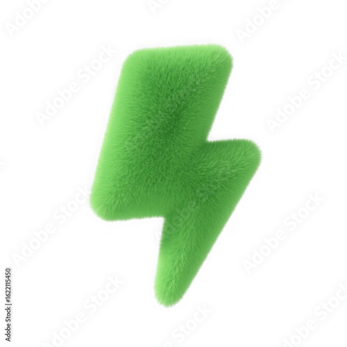 3d icon of a vibrant green fluffy lightning bolt symbol isolated on a transparent background, representing energy and power in a soft, cute, and modern design