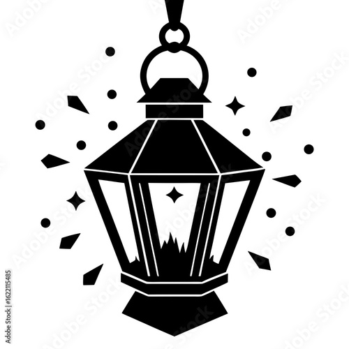 Black lantern with glowing embers and sparkling particles