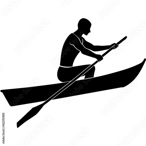 Black silhouette of a rower in a boat white