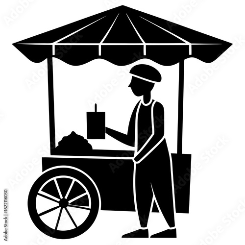 Black silhouette of vendor with cart and drink street vendor