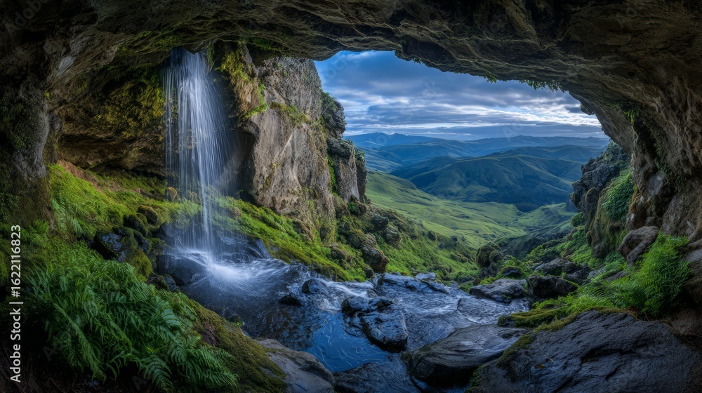 Obraz premium Hidden Waterfall View From Cave Opening