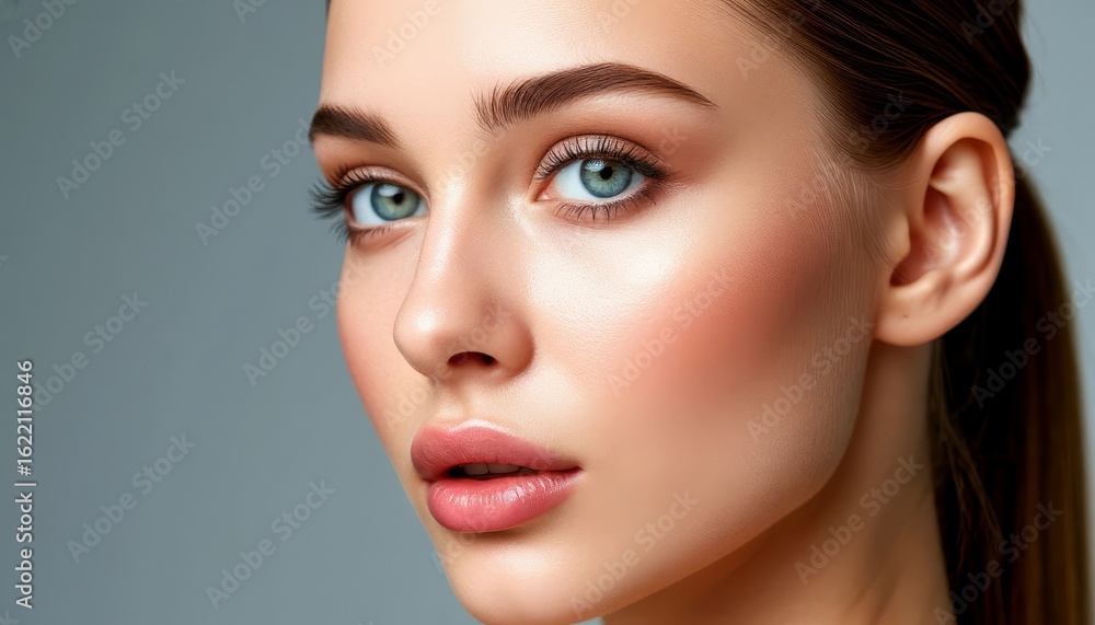 Fototapeta premium Professional model displaying flawless skin with expertly applied makeup, emphasizing wellness, skincare, and beauty concepts in a stylish studio environment