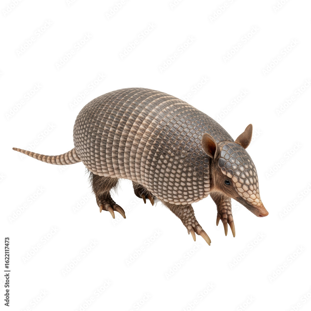Obraz premium Ultra-realistic UHD studio photograph of a 50cm Mulita, distinct grey-brown armor plating, still on a plain white seamless background with no shadows, concept of scientific accuracy