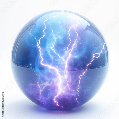 A Glowing mystical energy orb with swirling blue purple and white lightning-like patterns inside it, Stormy Electric Blue Crystal Ball Filled with Thunder Energy