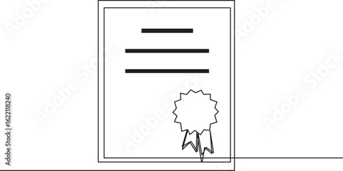 Single line Certified Paper Flat design style, document with ribbon badge, indicating certification or license, suitable for admin graphics and compliance projects, Vector Illustration.
