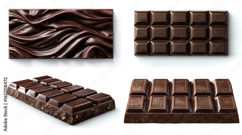 Obraz premium Four high-resolution images showcase dark chocolate in diverse forms melted, segmented bars, and a slightly broken bar, all against a stark white backdrop