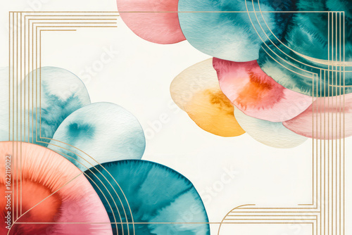 Abstract watercolor circles with gold geometric lines