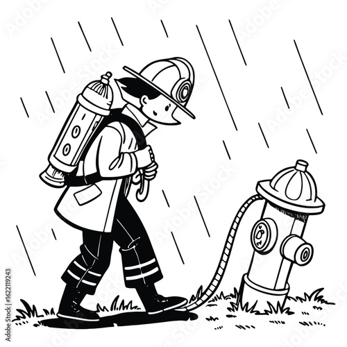 Firefighter with water tank and fire hydrant in a rainy day black and white illustration