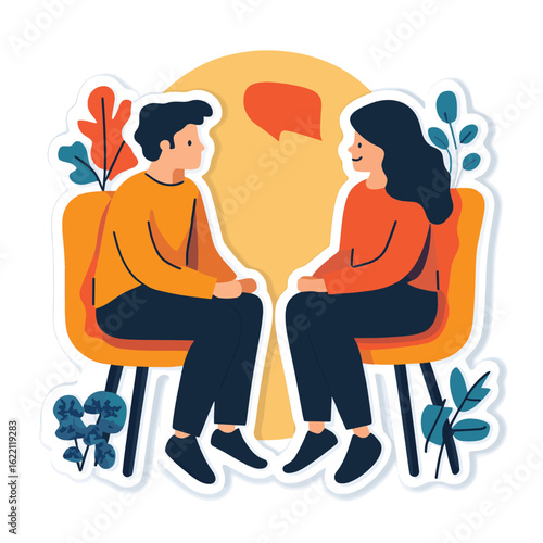 Two people sitting in thoughtful exchange--ideal for representing peaceful conversation, therapy, connection, friendship, and emotional well-being in sticker form