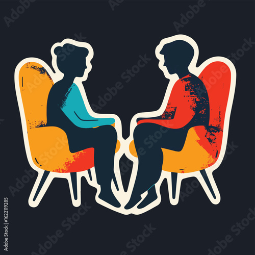 Two people sitting in thoughtful exchange--ideal for representing peaceful conversation, therapy, connection, friendship, and emotional well-being in sticker form