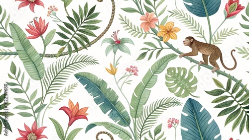 horizontal seamless watercolor pattern of tropical